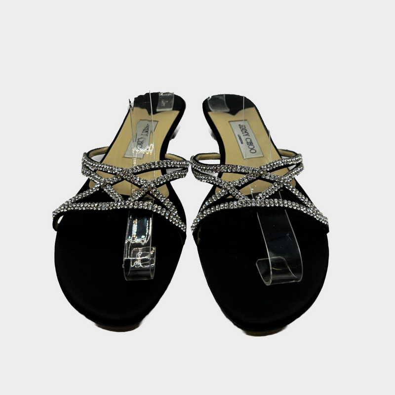 Jimmy Choo women's black satin sandals with diamante detailing