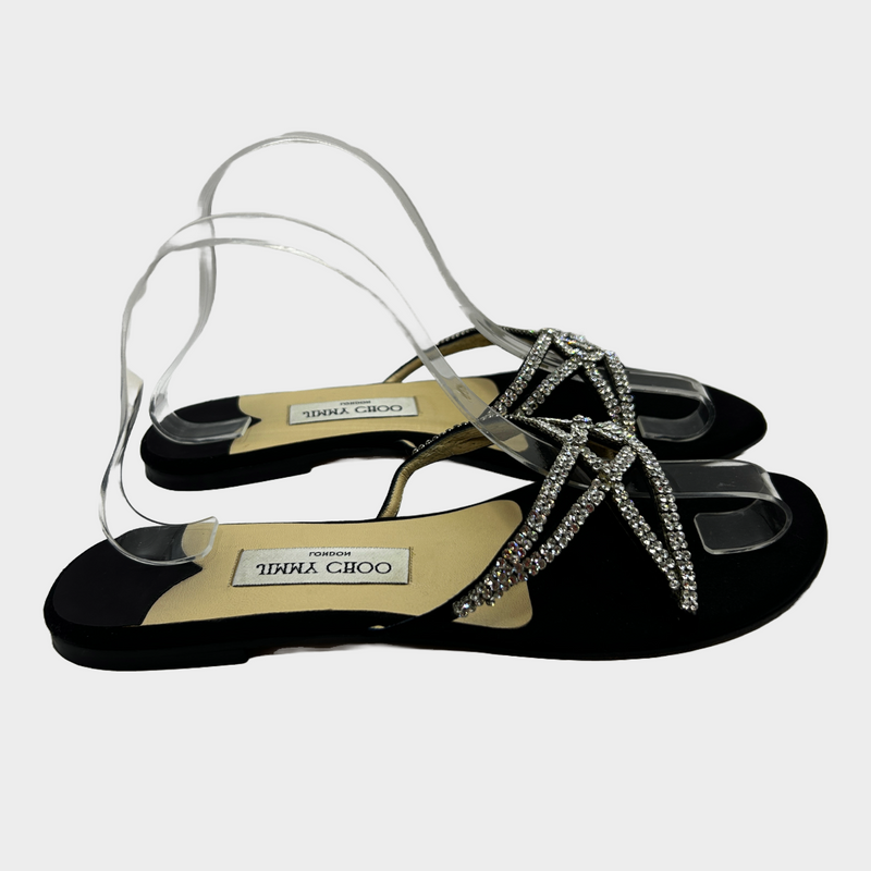 Jimmy Choo women's black satin sandals with diamante detailing