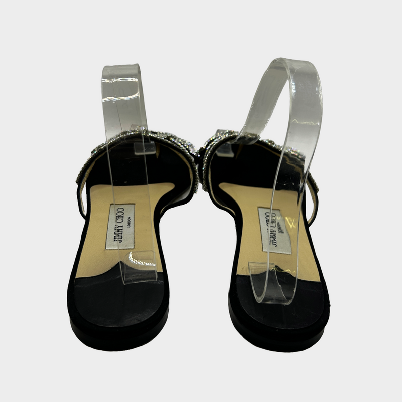 Jimmy Choo women's black satin sandals with diamante detailing