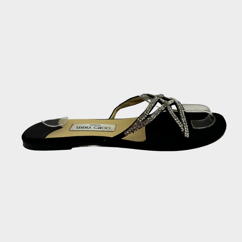 Jimmy Choo women's black satin sandals with diamante detailing