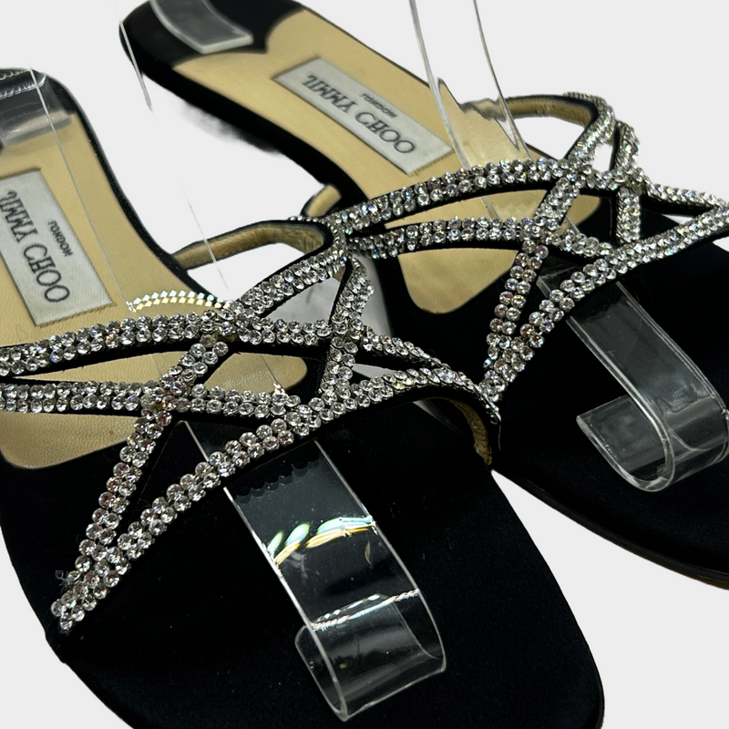 Jimmy Choo women's black satin sandals with diamante detailing