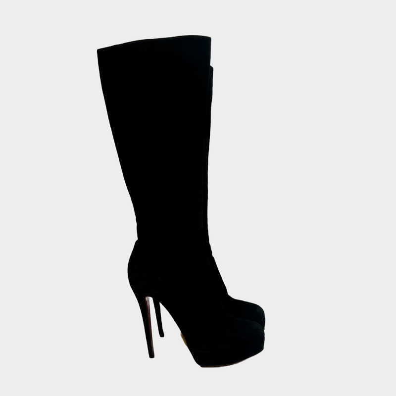 Christian Louboutin women's black suede platform knee boots