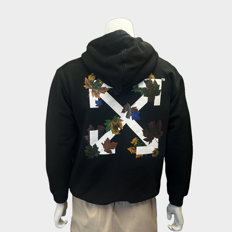 Off-White men's black cotton hoodie with maple leaf motif