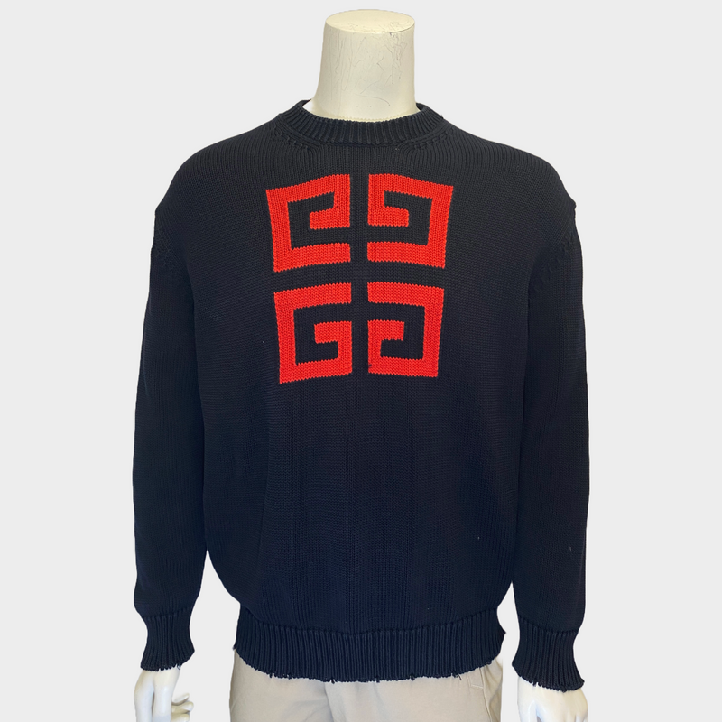 Givenchy men's navy and red knitted logo jumper