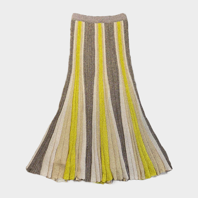 Missoni yellow and gold metallic knitted viscose pleated long skirt