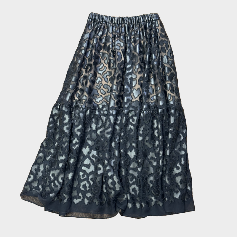 STELLA McCARTNEY black animal print vegan-leather/mesh double layer long skirt