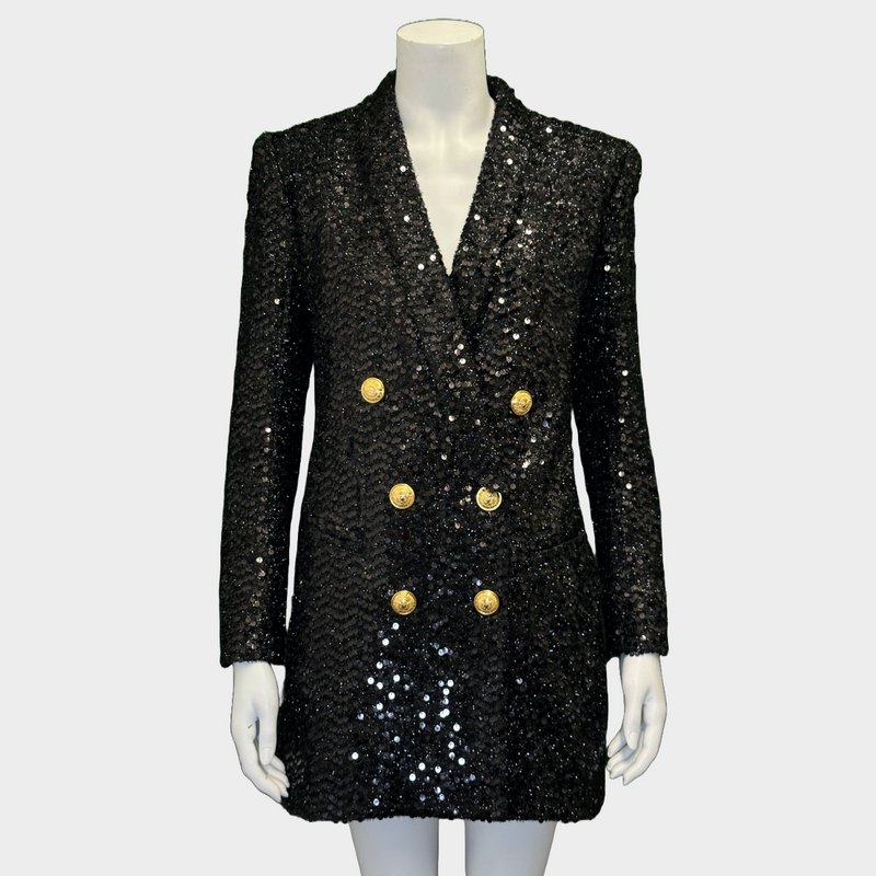 Balmain women's black sequinned coat with gold tone buttons