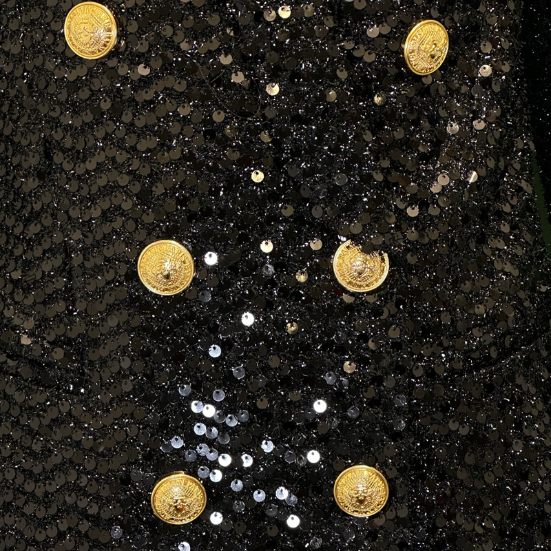 Balmain women's black sequinned coat with gold tone buttons