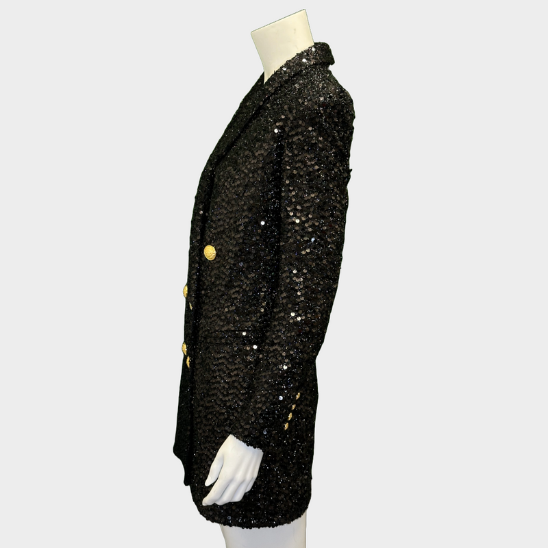 Balmain women's black sequinned coat with gold tone buttons