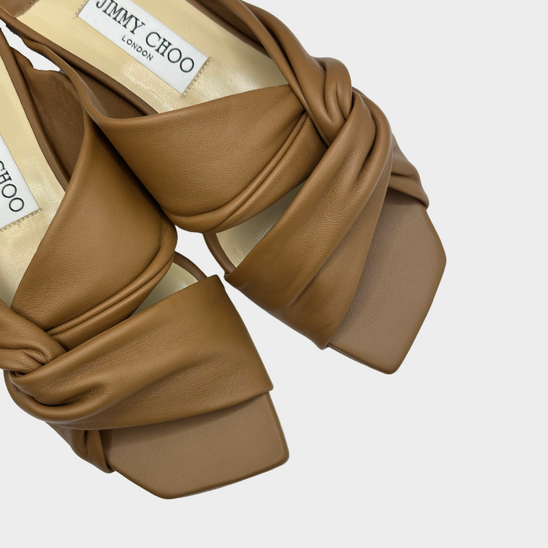 JIMMY CHOO tan leather Narisa flats with knot detail at the straps