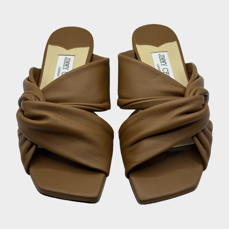 JIMMY CHOO tan leather Narisa flats with knot detail at the straps