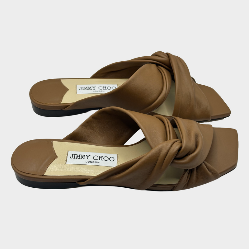 JIMMY CHOO tan leather Narisa flats with knot detail at the straps