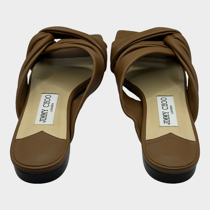 JIMMY CHOO tan leather Narisa flats with knot detail at the straps