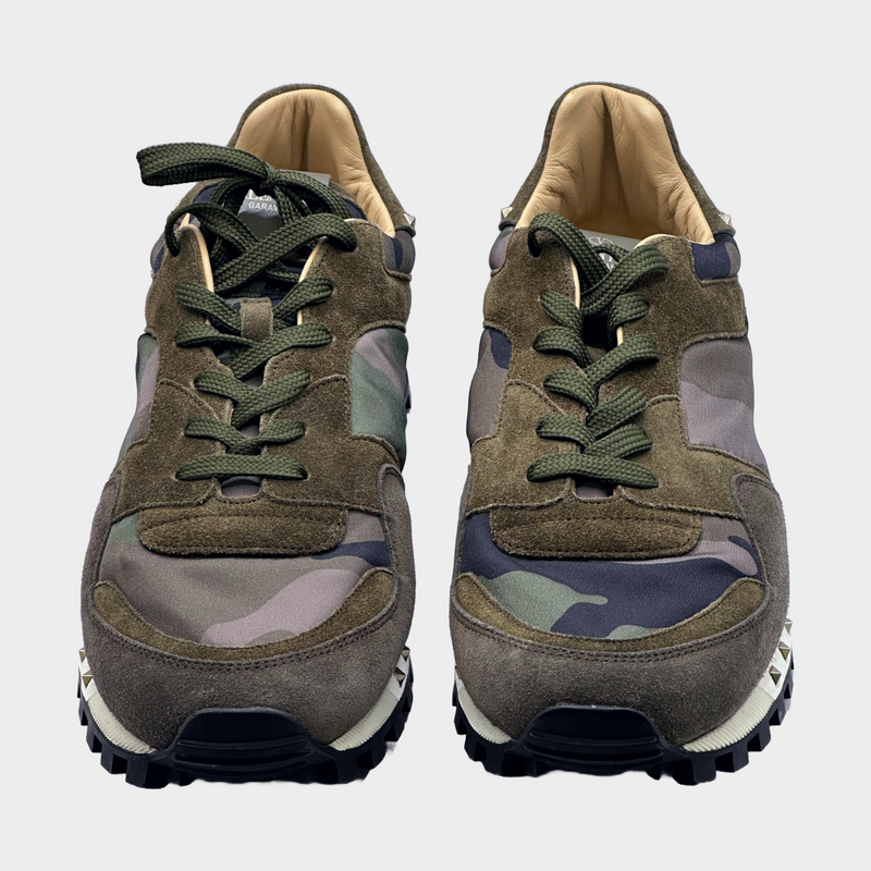 Valentino men's black and green camouflage nylon/suede Rockrunner sneakers