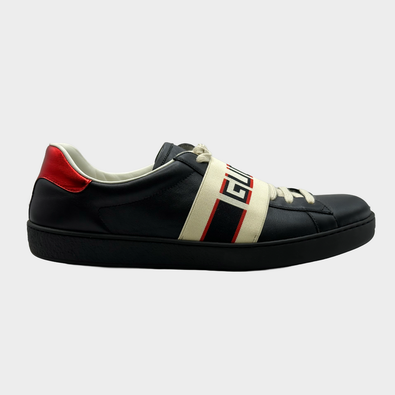 Gucci men's black and red leather trainers with logo elastic-band detail