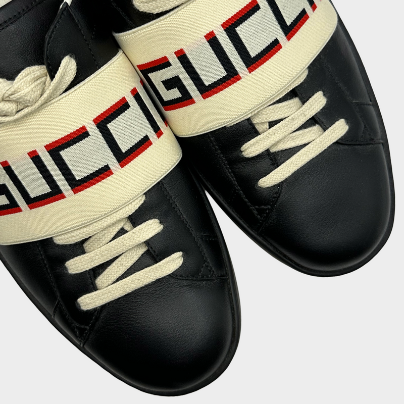 Gucci men's black and red leather trainers with logo elastic-band detail