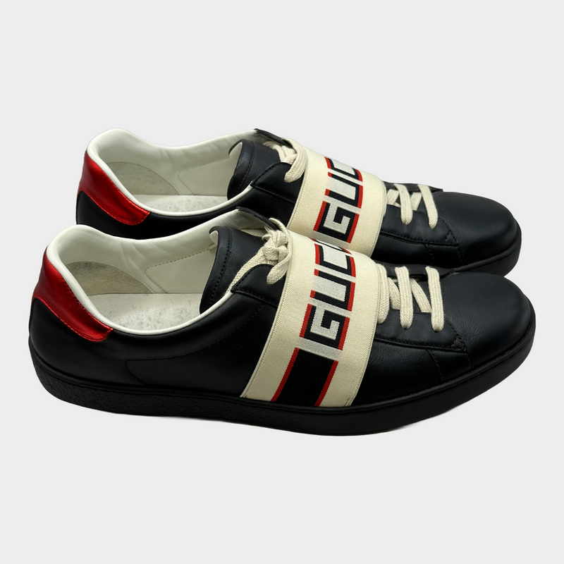 Gucci men's black and red leather trainers with logo elastic-band detail