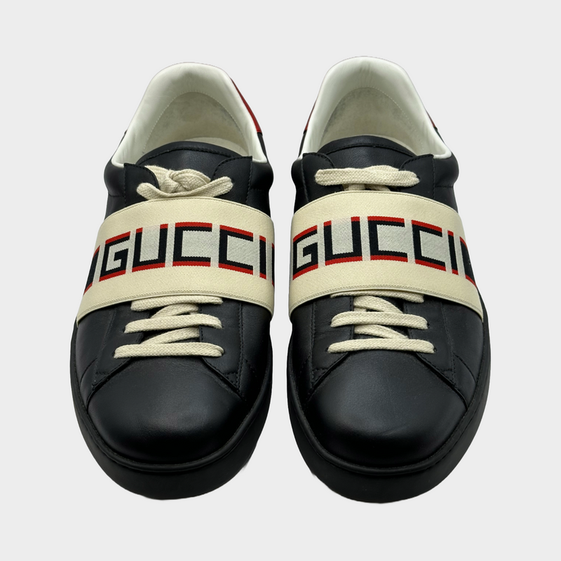 Gucci men's black and red leather trainers with logo elastic-band detail
