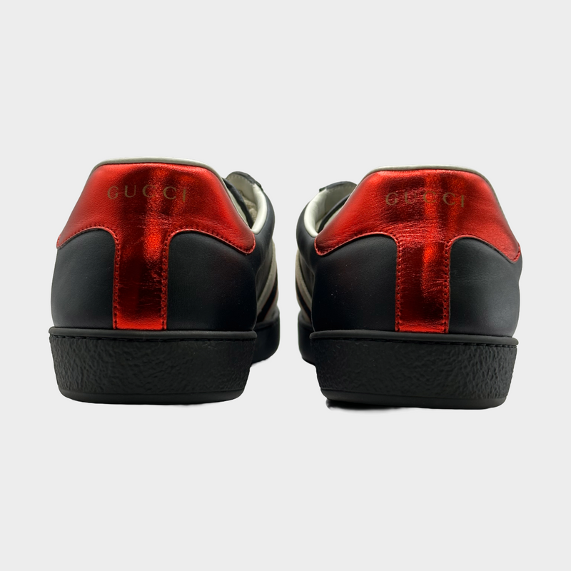 Gucci men's black and red leather trainers with logo elastic-band detail