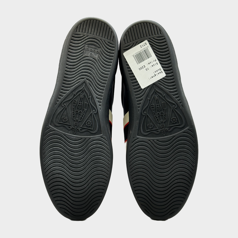 Gucci men's black and red leather trainers with logo elastic-band detail