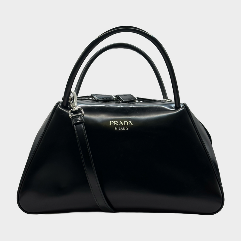 Prada black patent leather Supernova handbag with logo details on the sides