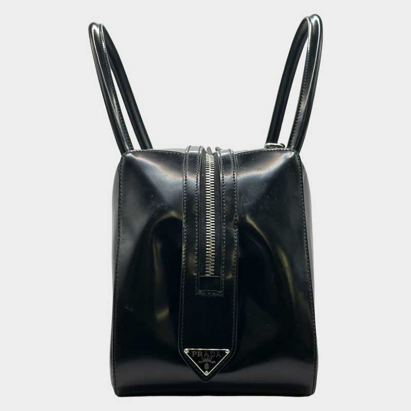 Prada black patent leather Supernova handbag with logo details on the sides