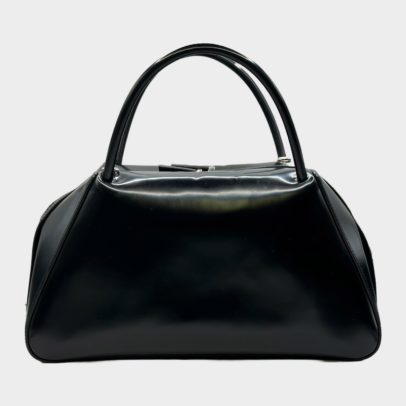 Prada black patent leather Supernova handbag with logo details on the sides