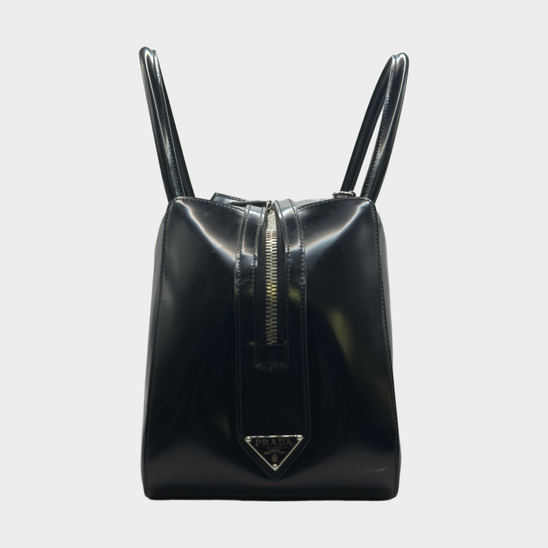 Prada black patent leather Supernova handbag with logo details on the sides