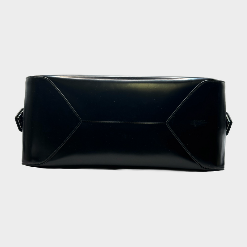 Prada black patent leather Supernova handbag with logo details on the sides