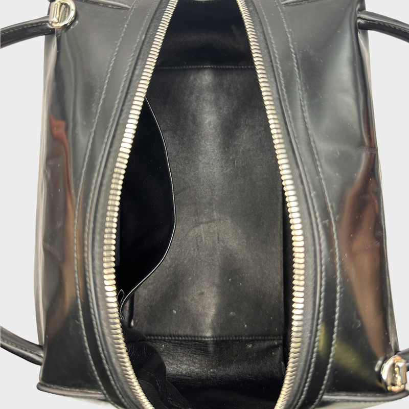 Prada black patent leather Supernova handbag with logo details on the sides