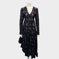 Magda Butrym burgundy and black rose print silk ruched long-sleeved dress
