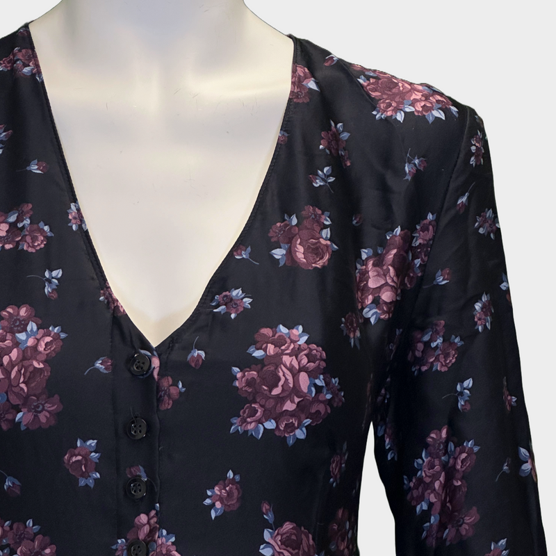 Magda Butrym burgundy and black rose print silk ruched long-sleeved dress