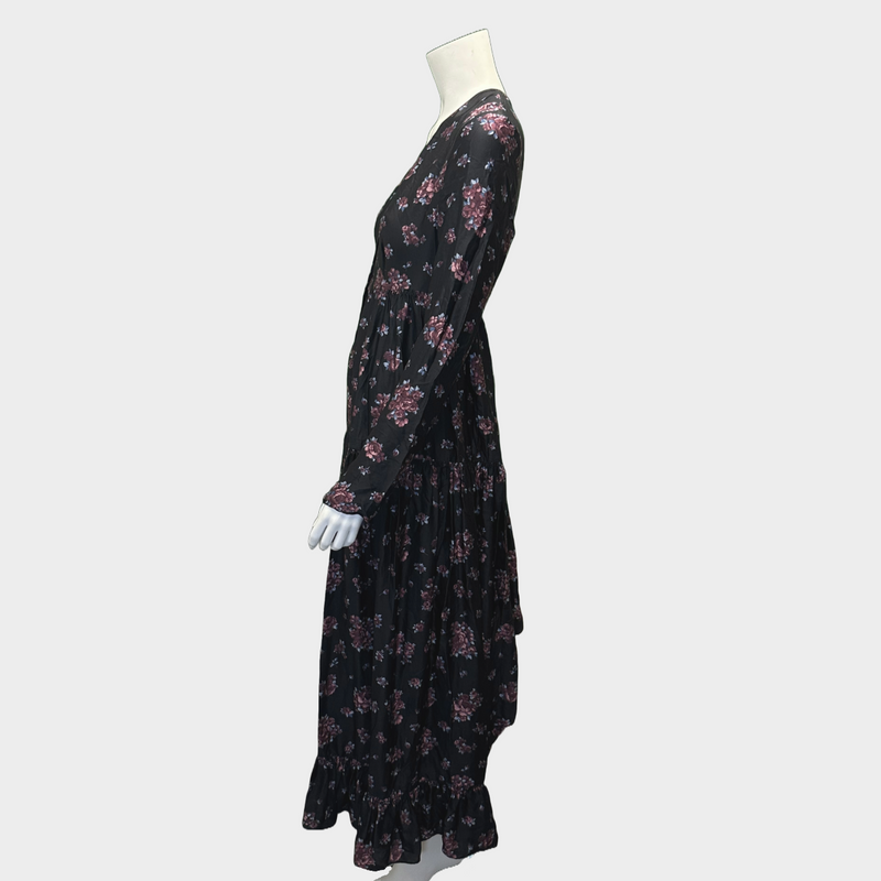 Magda Butrym burgundy and black rose print silk ruched long-sleeved dress