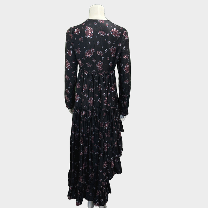 Magda Butrym burgundy and black rose print silk ruched long-sleeved dress