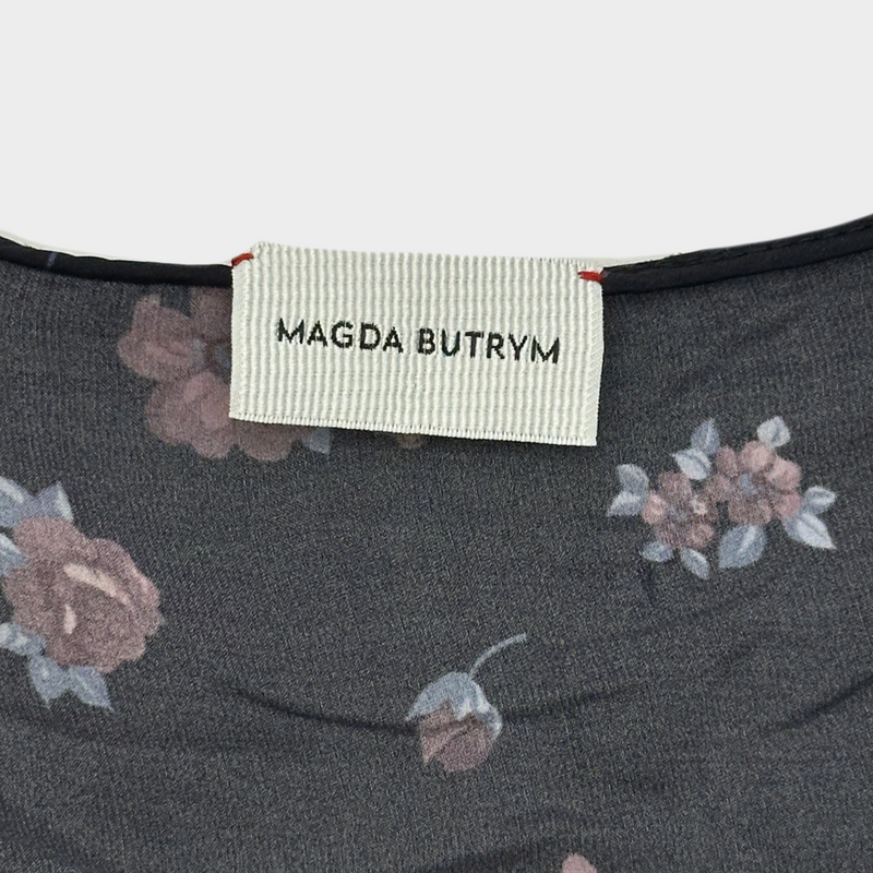 Magda Butrym burgundy and black rose print silk ruched long-sleeved dress