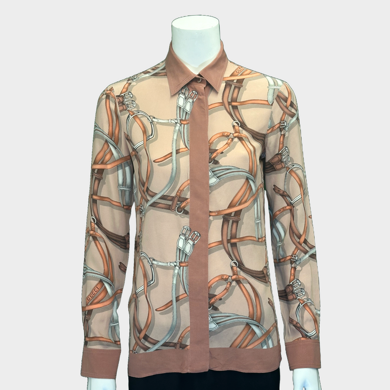 Gucci women's nude and pink vintage horsebit print silk shirt