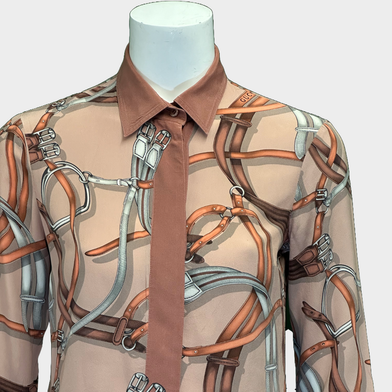 Gucci women's nude and pink vintage horsebit print silk shirt