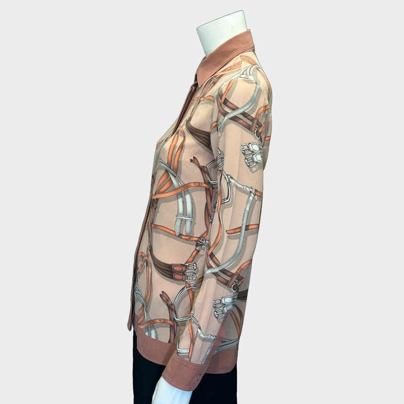 Gucci women's nude and pink vintage horsebit print silk shirt