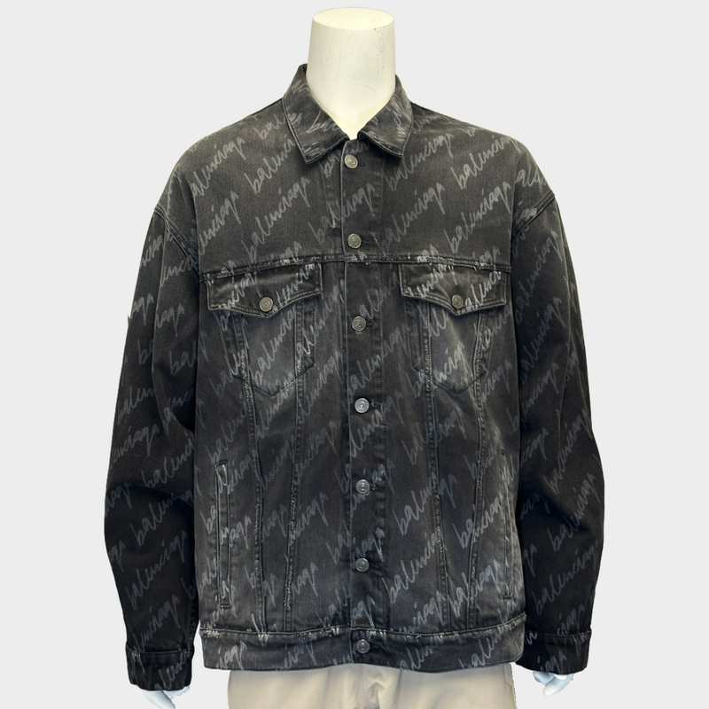 Balenciaga men's dark grey logo print denim jacket