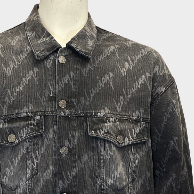 Balenciaga men's dark grey logo print denim jacket