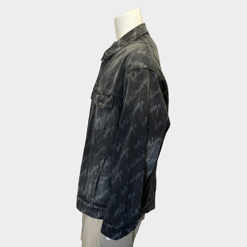 Balenciaga men's dark grey logo print denim jacket