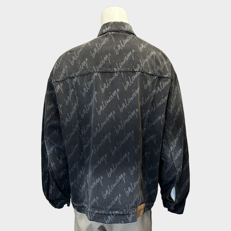Balenciaga men's dark grey logo print denim jacket