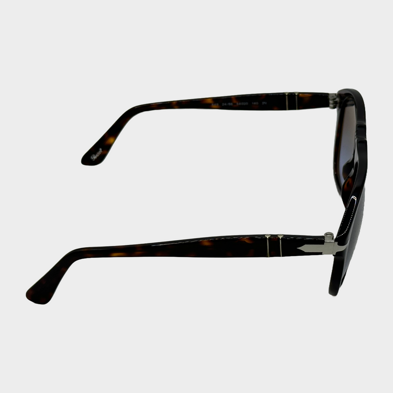 Persol men's dark brown mottled tortoiseshell pilot shaped sunglasses