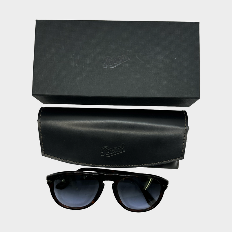 Persol men's dark brown mottled tortoiseshell pilot shaped sunglasses
