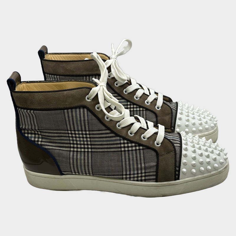 Christian Louboutin men's brown and white checked canvas ankle trainers