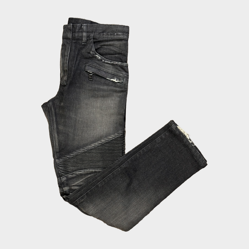 Balmain men's black denim biker jeans with zip details