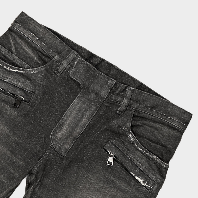 Balmain men's black denim biker jeans with zip details