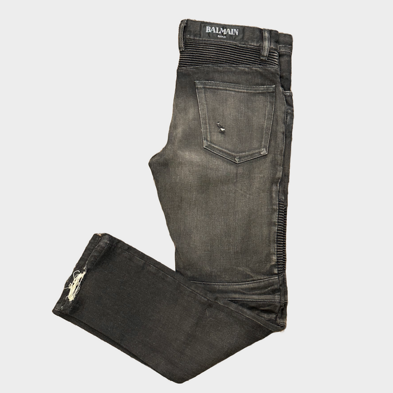Balmain men's black denim biker jeans with zip details