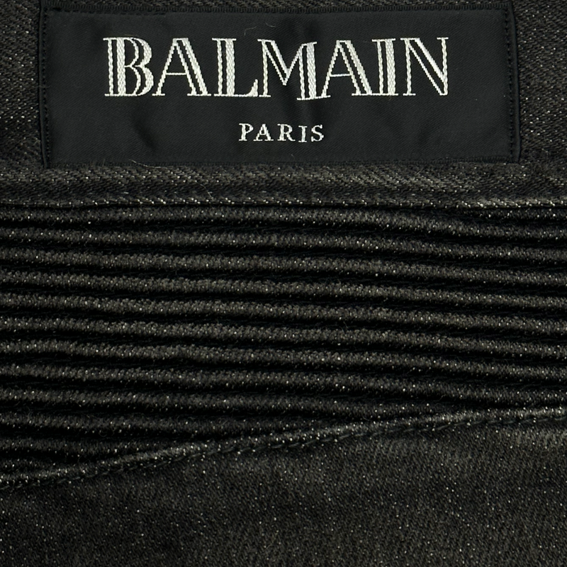 Balmain men's black denim biker jeans with zip details