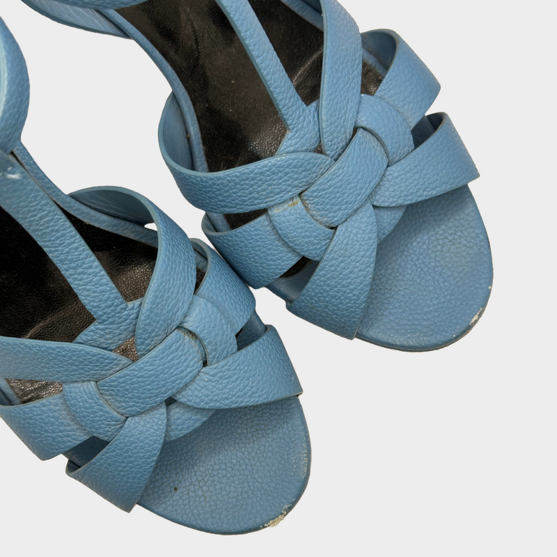 YSL blue grained leather Tribute T-strap heels with platform